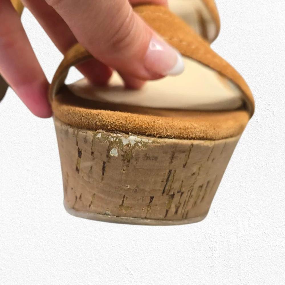Marc Fisher Shelbee Tan Tawny Suede Slip On Cork Wedge Platform Sandals Size 7.5